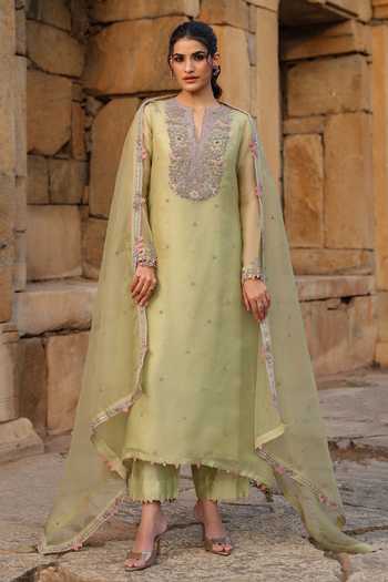 Buy_Label Niti Bothra_Green Silk, Organza, Tencel Pearls, Zari, Embroidery Split Kurta And Pant Set 