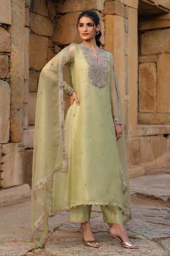 Shop_Label Niti Bothra_Green Silk, Organza, Tencel Pearls, Zari, Embroidery Split Kurta And Pant Set 