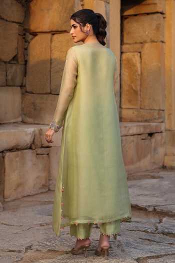 Shop_Label Niti Bothra_Green Silk, Organza, Tencel Pearls, Zari, Embroidery Split Kurta And Pant Set _at_Aza_Fashions