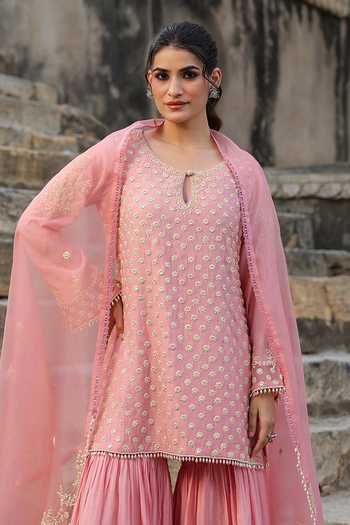 Label Niti Bothra_Pink Silk, Modal, Organza Embroidery, Pearls Keyhole Neck, Yes Kurta Sharara Set _Online_at_Aza_Fashions