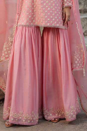Buy_Label Niti Bothra_Pink Silk, Modal, Organza Embroidery, Pearls Keyhole Neck, Yes Kurta Sharara Set _Online_at_Aza_Fashions