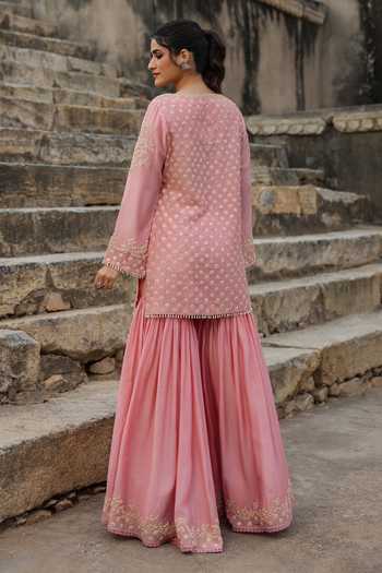 Shop_Label Niti Bothra_Pink Silk, Modal, Organza Embroidery, Pearls Keyhole Neck, Yes Kurta Sharara Set _at_Aza_Fashions