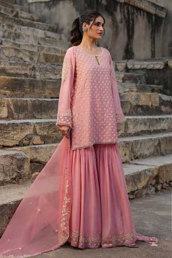 Shop_Label Niti Bothra_Pink Silk, Modal, Organza Embroidery, Pearls Keyhole Neck, Yes Kurta Sharara Set _Online_at_Aza_Fashions