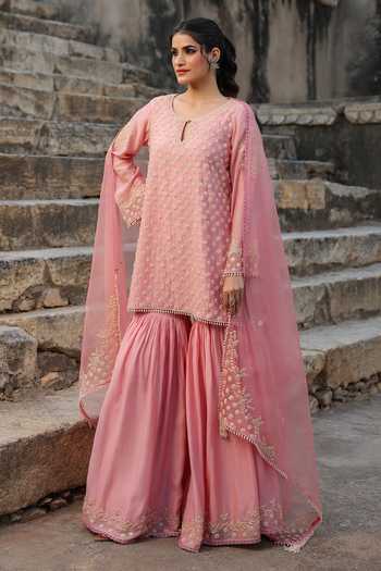 Label Niti Bothra_Pink Silk, Modal, Organza Embroidery, Pearls Keyhole Neck, Yes Kurta Sharara Set _at_Aza_Fashions