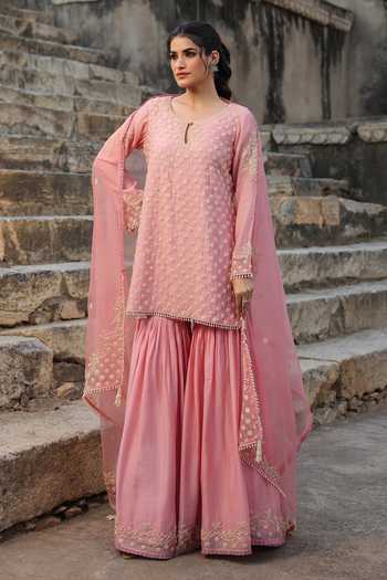 Buy_Label Niti Bothra_Pink Silk, Modal, Organza Embroidery, Pearls Keyhole Neck, Yes Kurta Sharara Set 