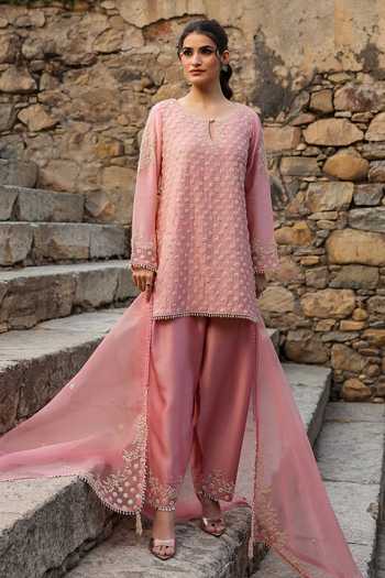 Shop_Label Niti Bothra_Pink Silk, Organza, Modal Pearls Keyhole Neck, Yes Embroidered Kurta Set _at_Aza_Fashions