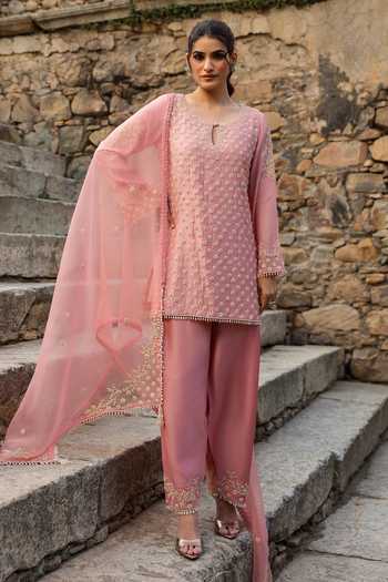 Shop_Label Niti Bothra_Pink Silk, Organza, Modal Pearls Keyhole Neck, Yes Embroidered Kurta Set _Online_at_Aza_Fashions