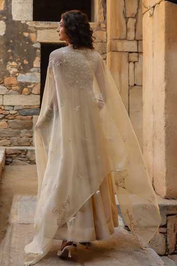 Shop_Label Niti Bothra_Ivory Silk, Modal, Organza Pearls, Applique, Embroidery V-neck Anarkali Set _at_Aza_Fashions