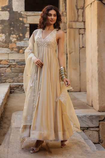 Label Niti Bothra_Ivory Silk, Modal, Organza Pearls, Applique, Embroidery V-neck Anarkali Set _at_Aza_Fashions