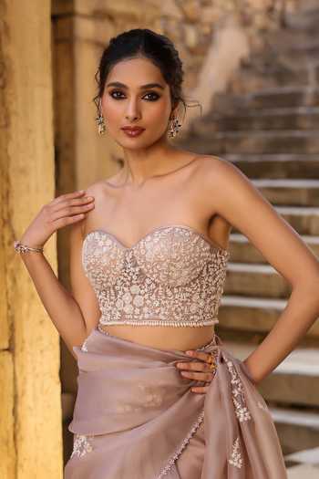 Label Niti Bothra_Brown Organza Embroidery, Pearls, Applique Sweetheart Neck Saree Set _Online_at_Aza_Fashions