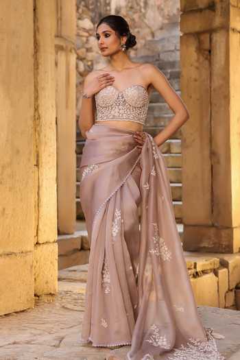 Buy_Label Niti Bothra_Brown Organza Embroidery, Pearls, Applique Sweetheart Neck Saree Set _Online_at_Aza_Fashions