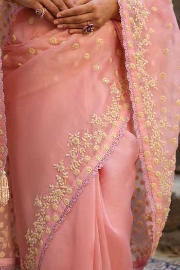 Label Niti Bothra_Pink Organza Pearls Round Neck Embroidered Saree And Blouse Set _Online_at_Aza_Fashions