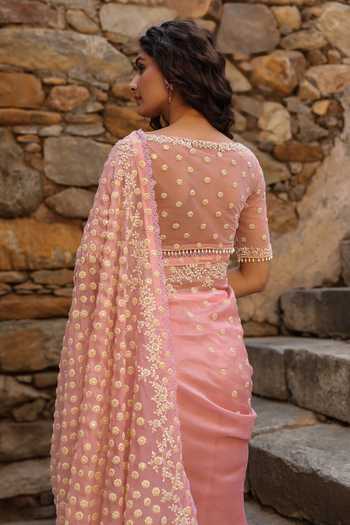 Buy_Label Niti Bothra_Pink Organza Pearls Round Neck Embroidered Saree And Blouse Set _Online_at_Aza_Fashions