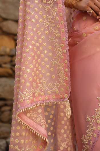 Shop_Label Niti Bothra_Pink Organza Pearls Round Neck Embroidered Saree And Blouse Set _Online_at_Aza_Fashions