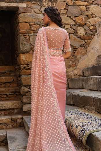 Shop_Label Niti Bothra_Pink Organza Pearls Round Neck Embroidered Saree And Blouse Set _at_Aza_Fashions