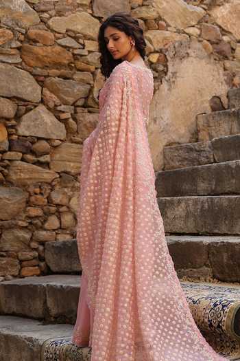 Label Niti Bothra_Pink Organza Pearls Round Neck Embroidered Saree And Blouse Set _at_Aza_Fashions