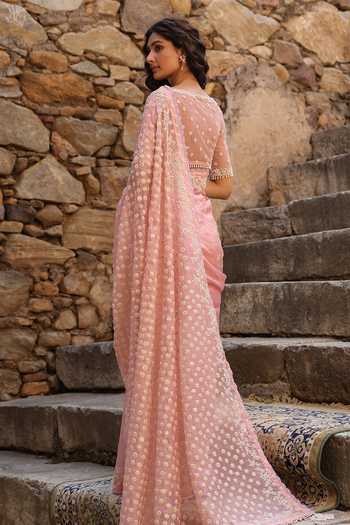 Buy_Label Niti Bothra_Pink Organza Pearls Round Neck Embroidered Saree And Blouse Set 