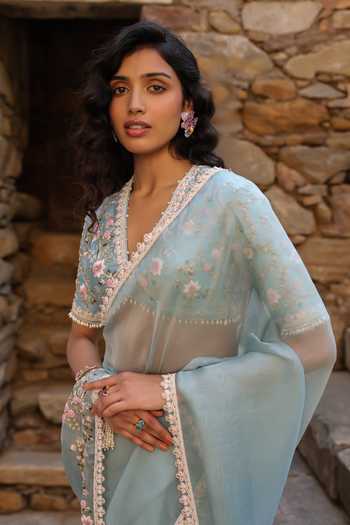 Label Niti Bothra_Blue Organza Embroidery, Pearls, Zari V-neck Border Saree And Blouse Set _Online_at_Aza_Fashions