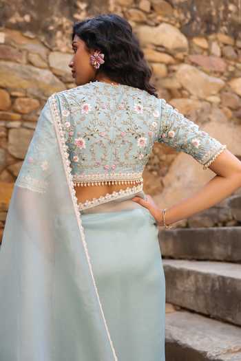 Buy_Label Niti Bothra_Blue Organza Embroidery, Pearls, Zari V-neck Border Saree And Blouse Set _Online_at_Aza_Fashions