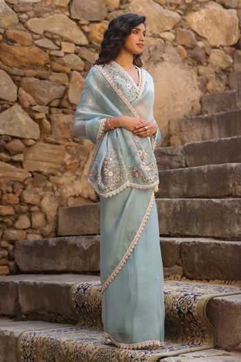 Shop_Label Niti Bothra_Blue Organza Embroidery, Pearls, Zari V-neck Border Saree And Blouse Set _Online_at_Aza_Fashions