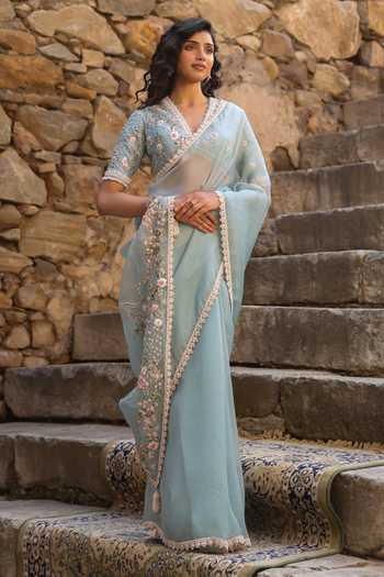 Label Niti Bothra_Blue Organza Embroidery, Pearls, Zari V-neck Border Saree And Blouse Set _at_Aza_Fashions