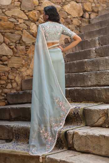 Shop_Label Niti Bothra_Blue Organza Embroidery, Pearls, Zari V-neck Border Saree And Blouse Set _at_Aza_Fashions