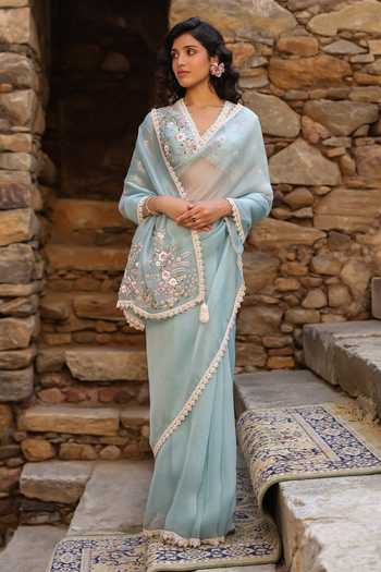 Buy_Label Niti Bothra_Blue Organza Embroidery, Pearls, Zari V-neck Border Saree And Blouse Set 