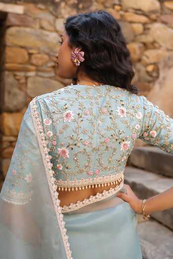 Shop_Label Niti Bothra_Blue Organza Embroidery, Pearls, Zari V-neck Border Saree And Blouse Set 