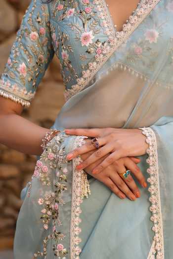 Label Niti Bothra_Blue Organza Embroidery, Pearls, Zari V-neck Border Saree And Blouse Set _Online