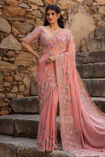 Label Niti Bothra_Pink Georgette Pearls, Zari, Fabric Flowers 3d Embroidered Saree And Blouse Set _Online_at_Aza_Fashions