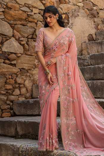 Buy_Label Niti Bothra_Pink Georgette Pearls, Zari, Fabric Flowers 3d Embroidered Saree And Blouse Set _at_Aza_Fashions
