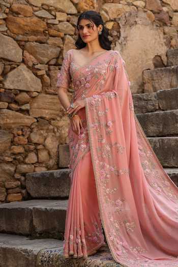 Buy_Label Niti Bothra_Pink Georgette Pearls, Zari, Fabric Flowers 3d Embroidered Saree And Blouse Set _Online_at_Aza_Fashions