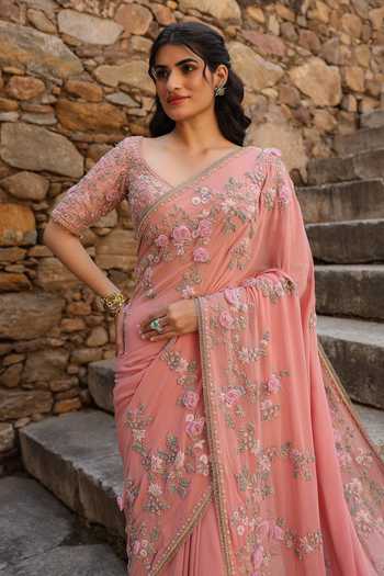 Shop_Label Niti Bothra_Pink Georgette Pearls, Zari, Fabric Flowers 3d Embroidered Saree And Blouse Set _Online_at_Aza_Fashions
