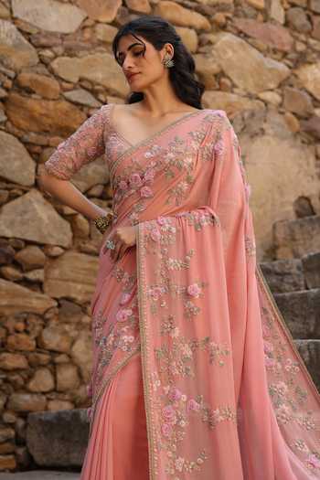 Label Niti Bothra_Pink Georgette Pearls, Zari, Fabric Flowers 3d Embroidered Saree And Blouse Set _at_Aza_Fashions