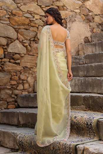 Shop_Label Niti Bothra_Green Organza Pearls, Zari V-neck Zardozi Embroidered Saree With Blouse _at_Aza_Fashions