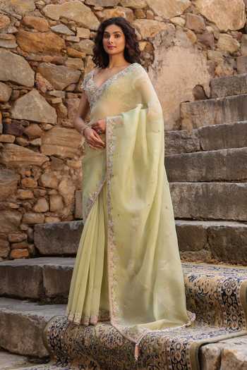Label Niti Bothra_Green Organza Pearls, Zari V-neck Zardozi Embroidered Saree With Blouse _Online_at_Aza_Fashions