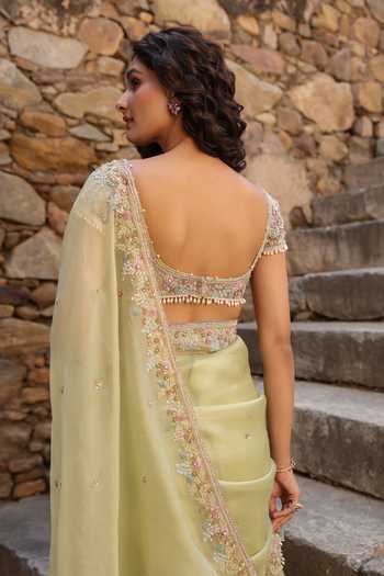 Buy_Label Niti Bothra_Green Organza Pearls, Zari V-neck Zardozi Embroidered Saree With Blouse _Online_at_Aza_Fashions