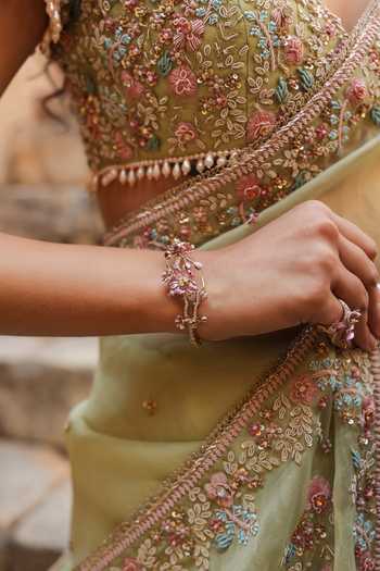 Label Niti Bothra_Green Organza Pearls, Zari V-neck Zardozi Embroidered Saree With Blouse _at_Aza_Fashions
