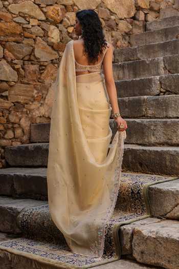 Shop_Label Niti Bothra_Beige Organza Embroidery, Pearls V-neck Resham Saree With Blouse _at_Aza_Fashions
