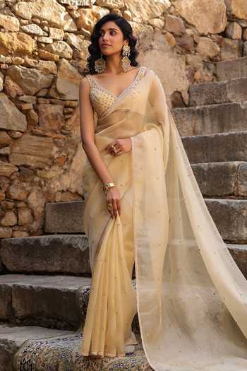Buy_Label Niti Bothra_Beige Organza Embroidery, Pearls V-neck Resham Saree With Blouse _at_Aza_Fashions