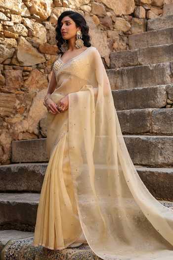 Buy_Label Niti Bothra_Beige Organza Embroidery, Pearls V-neck Resham Saree With Blouse _Online_at_Aza_Fashions