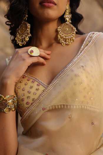 Shop_Label Niti Bothra_Beige Organza Embroidery, Pearls V-neck Resham Saree With Blouse _Online_at_Aza_Fashions