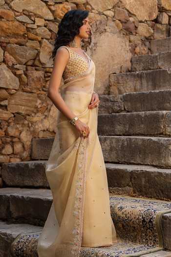 Label Niti Bothra_Beige Organza Embroidery, Pearls V-neck Resham Saree With Blouse _at_Aza_Fashions