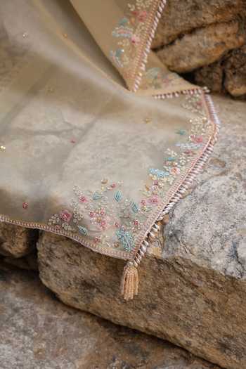 Buy_Label Niti Bothra_Beige Organza Embroidery, Pearls V-neck Resham Saree With Blouse 