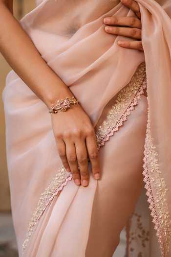 Label Niti Bothra_Pink Organza Pearls, Applique Sweetheart Border Embroidered Saree And Blouse Set _Online_at_Aza_Fashions