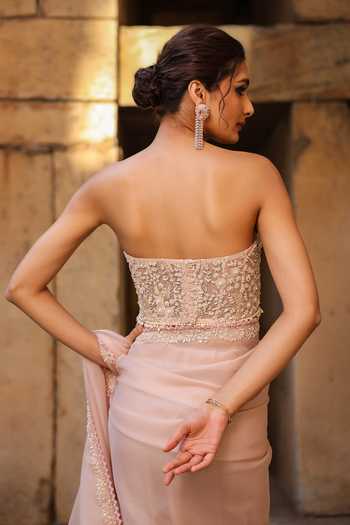 Shop_Label Niti Bothra_Pink Organza Pearls, Applique Sweetheart Border Embroidered Saree And Blouse Set _at_Aza_Fashions