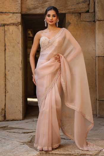 Buy_Label Niti Bothra_Pink Organza Pearls, Applique Sweetheart Border Embroidered Saree And Blouse Set _at_Aza_Fashions