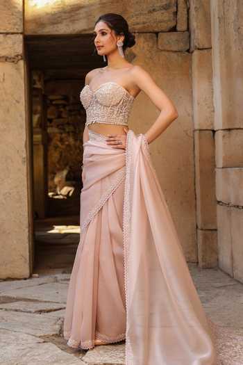 Label Niti Bothra_Pink Organza Pearls, Applique Sweetheart Border Embroidered Saree And Blouse Set _at_Aza_Fashions