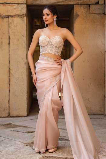 Buy_Label Niti Bothra_Pink Organza Pearls, Applique Sweetheart Border Embroidered Saree And Blouse Set 