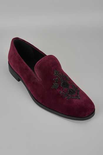 Buy_SALIL BHATIA_Wine Embroidery Velvet Dabka Hand Loafers _at_Aza_Fashions